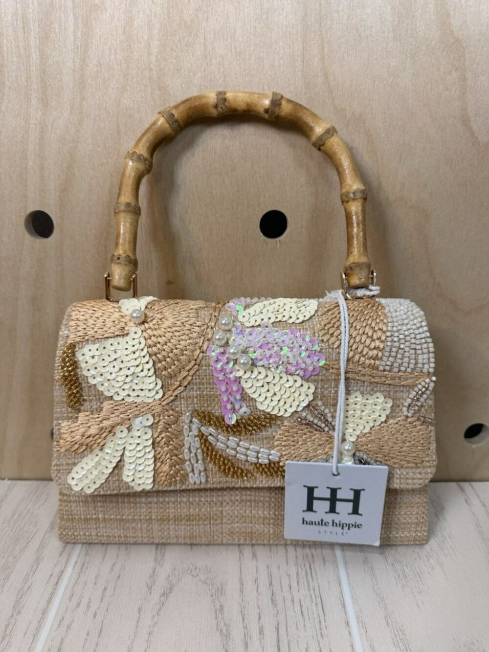 New With Tags HAUTE HIPPIE Small Boho Beaded Sequin Natural Linen Purse Clutch - Picture 5 of 16